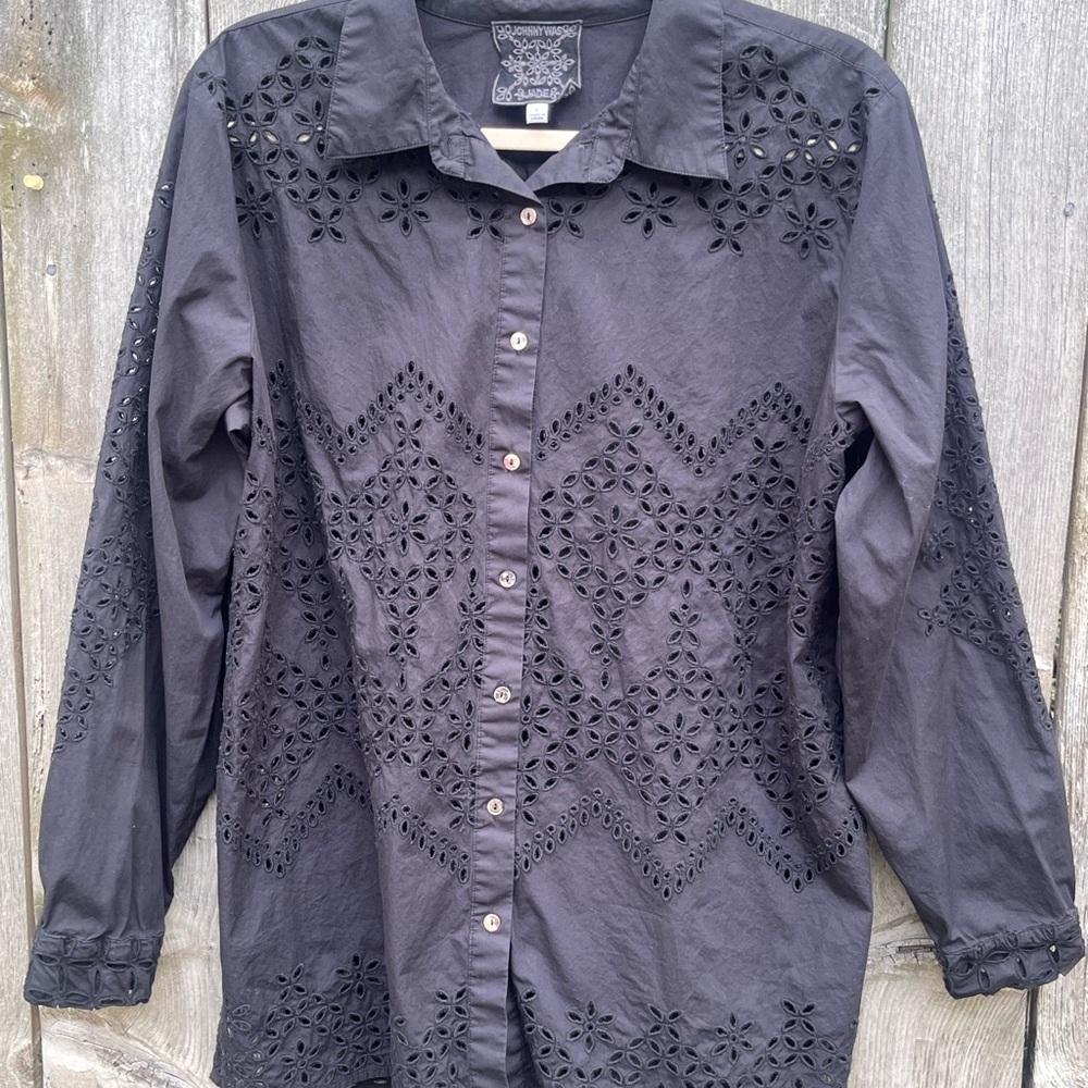 Johnny Was Black Embroidered Label Shirt - Jade Collection